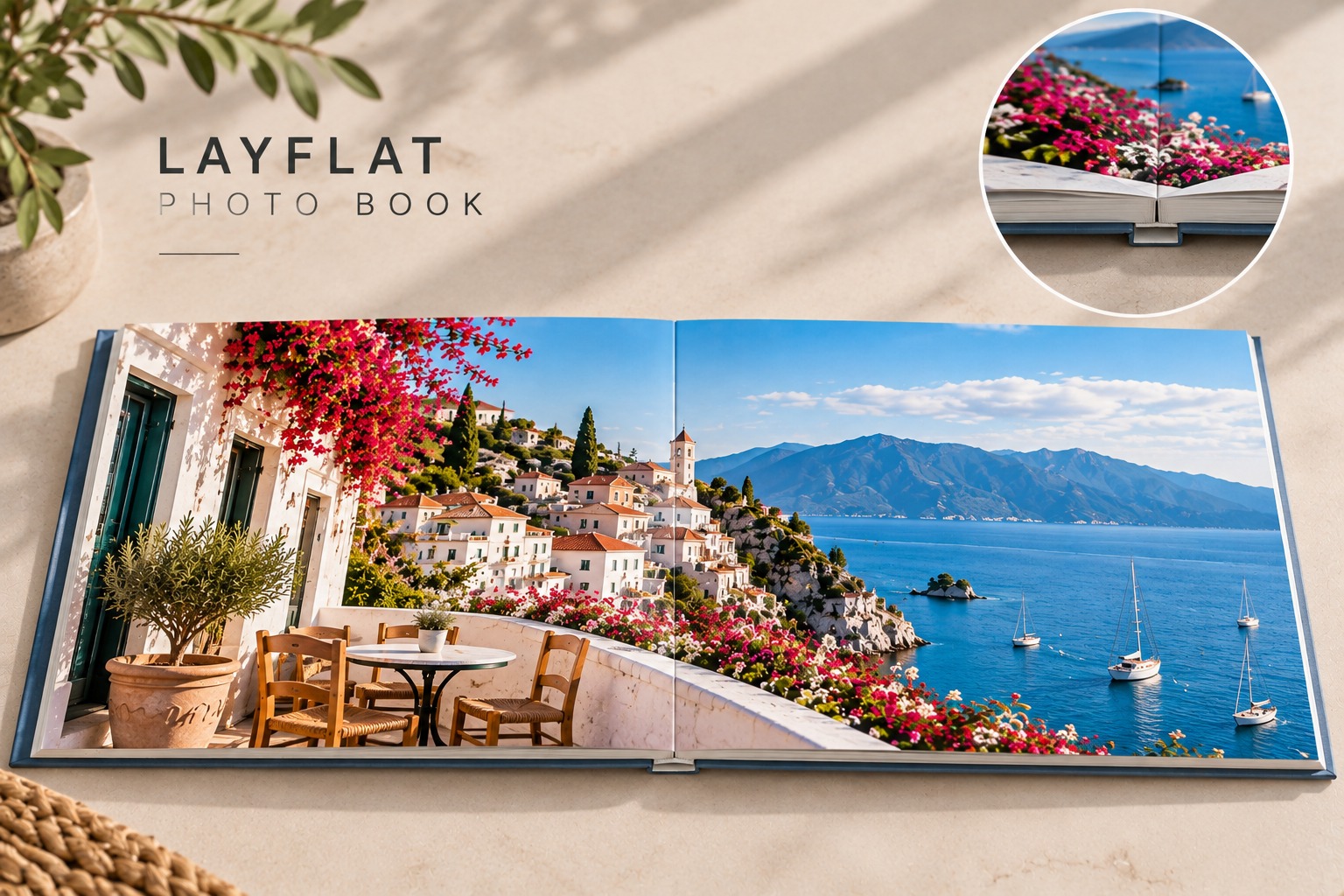 Open layflat photo book with Mediterranean travel photographs